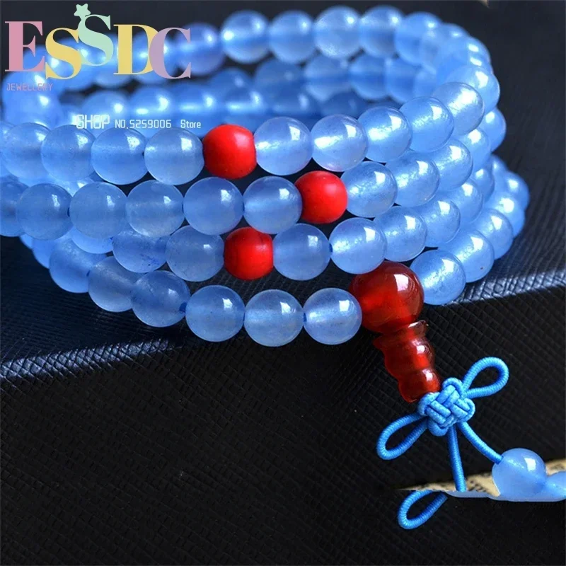 Tibetan Natural Blue Chalcedony 108 Beads Mala Silver Falun Buddha Pagoda Yoga Chakra Bracelet or Necklace Unisex Stone Jewelry