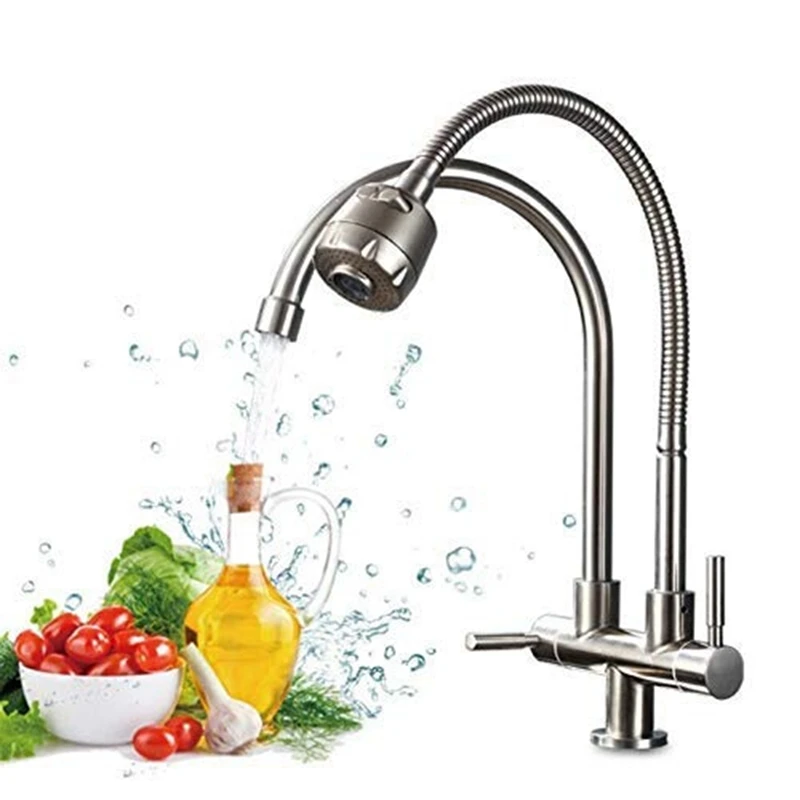 Rotatable Anti-Splash Kitchen Faucet 304 Stainless Steel Single Cold Water Universal Tube Double Pipe Outlet Faucet Sink