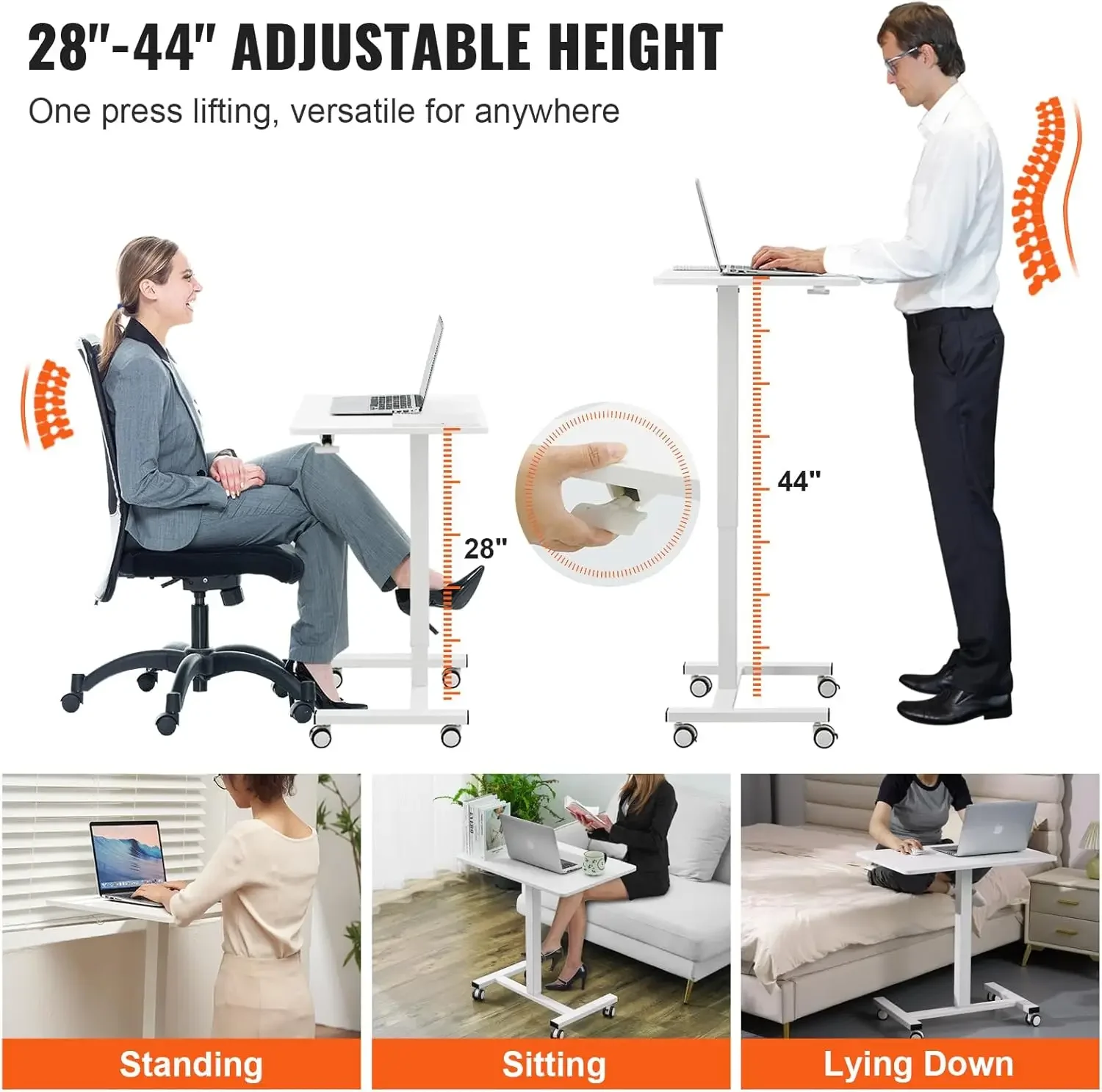 Mobile Standing Desk, 28"-44" Gas-Spring Height Adjustable Sit-Stand Desk, 4 360° Swivel Wheels (2 Lockable)