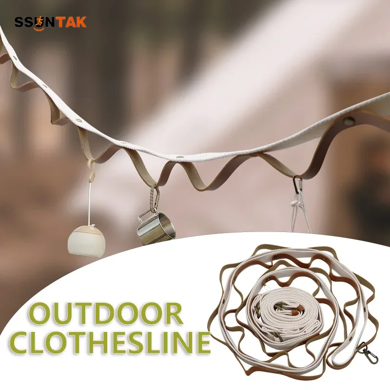 

SSUNTAK 5.3M Outdoor Camping Clothesline with PU Leather Portable Tent Awning Hanging Strap Gear Organizer for Picnic Backpack