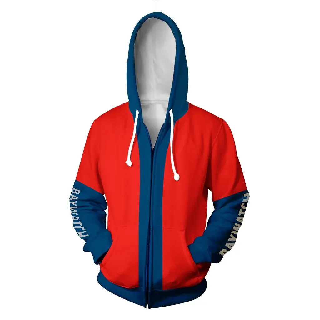 Sweat à capuche imprimé 3D Baywatch pour hommes et femmes, costume de jeu unisexe, tendance de la rue, sweat à capuche zippé fin, grand haut