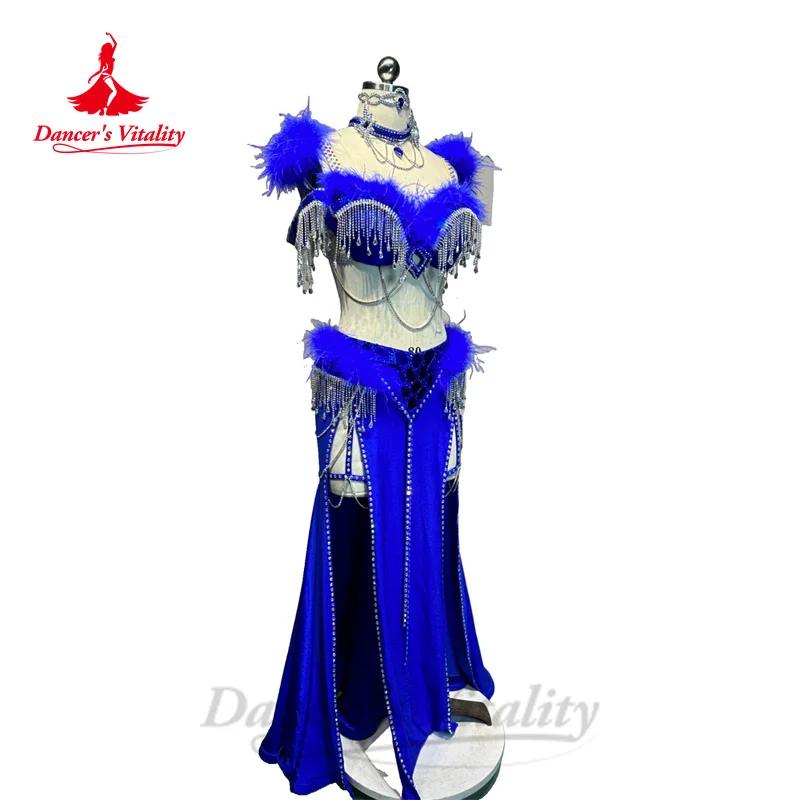 Belly Dance Costume Suit  Customized Feathers Tassels Bra+diamond Long Skirt Oriental Dance Professional High End Dance Skirt