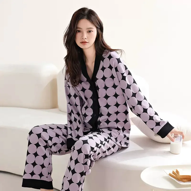 New Ladies Pajamas Homewear Suit Female Cardigan Spring and Autumn Models Long-Sleeved Cute Girl Models Ins Casual Homewear