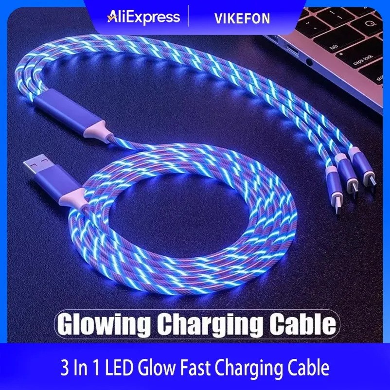 كابل شحن سريع 3 في 1 LED متوهج 3A Hi gh-Speed شحن مايكرو USB Type-C متعدد العلامات التجارية متوافق مع شحن سريع مضيء