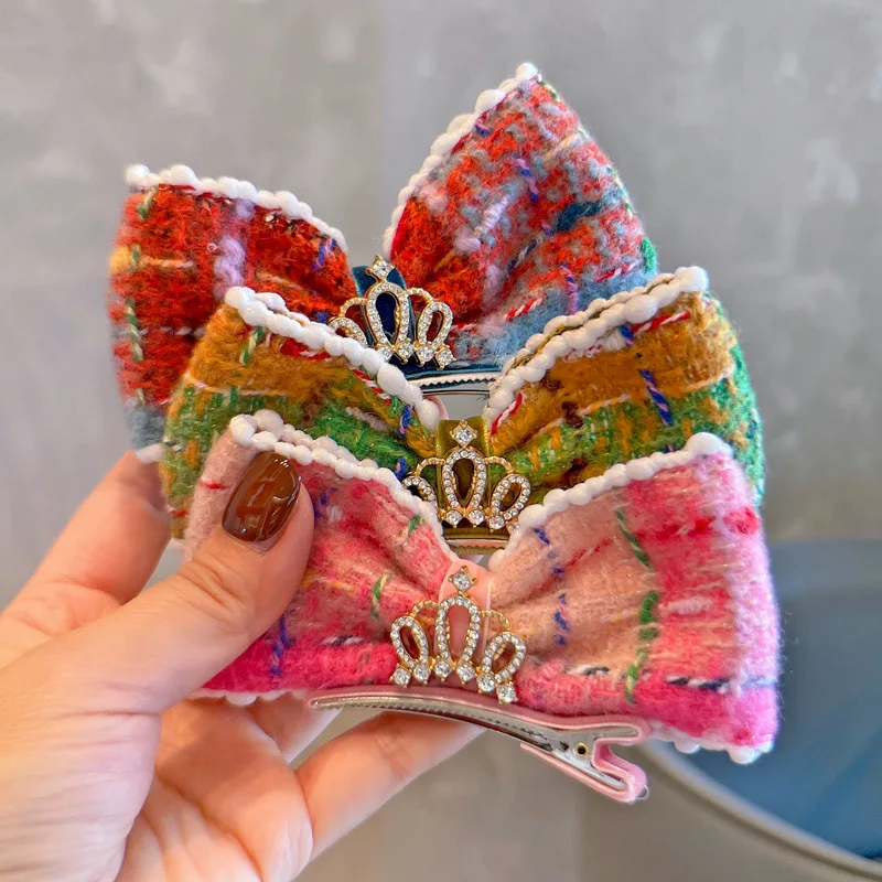 

Твидовые заколки для волос принцессы розового цвета, заколки с короной для девочек, элегантные зимние детские украшения для волос