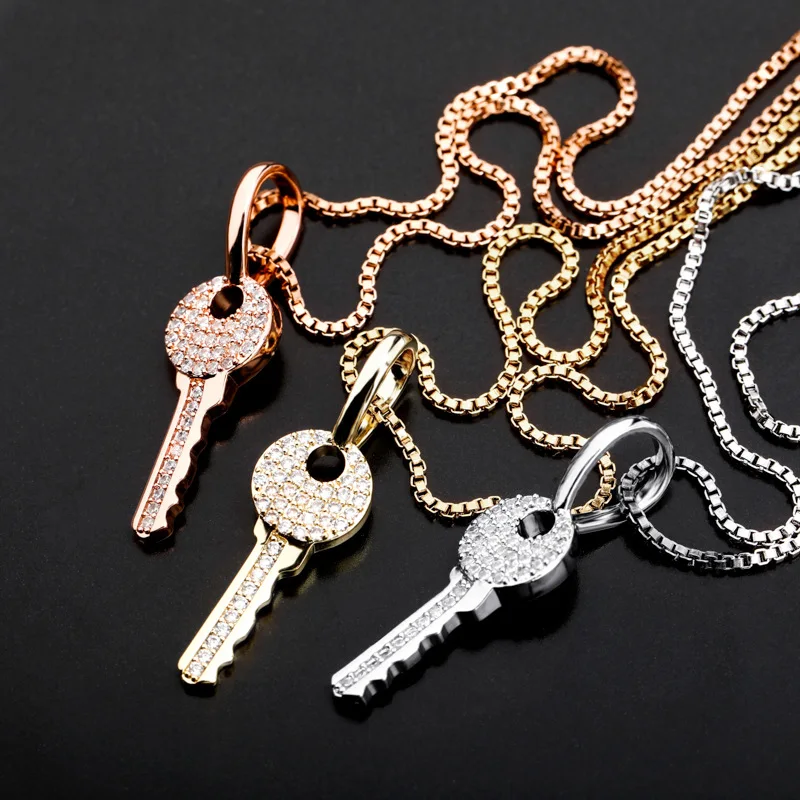 S925 Sterling Silver Hip Hop Micro Pave Cubic Zirconia Bling Ice Out Key Pendants Necklaces for Women Men Fashion Jewelry