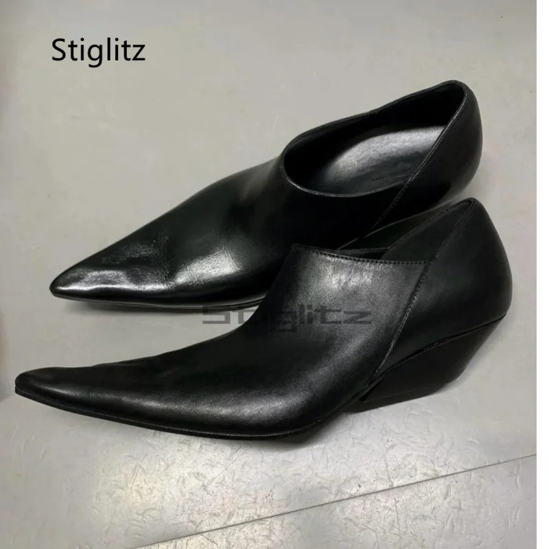 

Pointed Toe Chelsea Loafers Men's Shoes Fashion Thick Heel Black Leather Upturned Toe Height Increasing Party Wedding Shoes