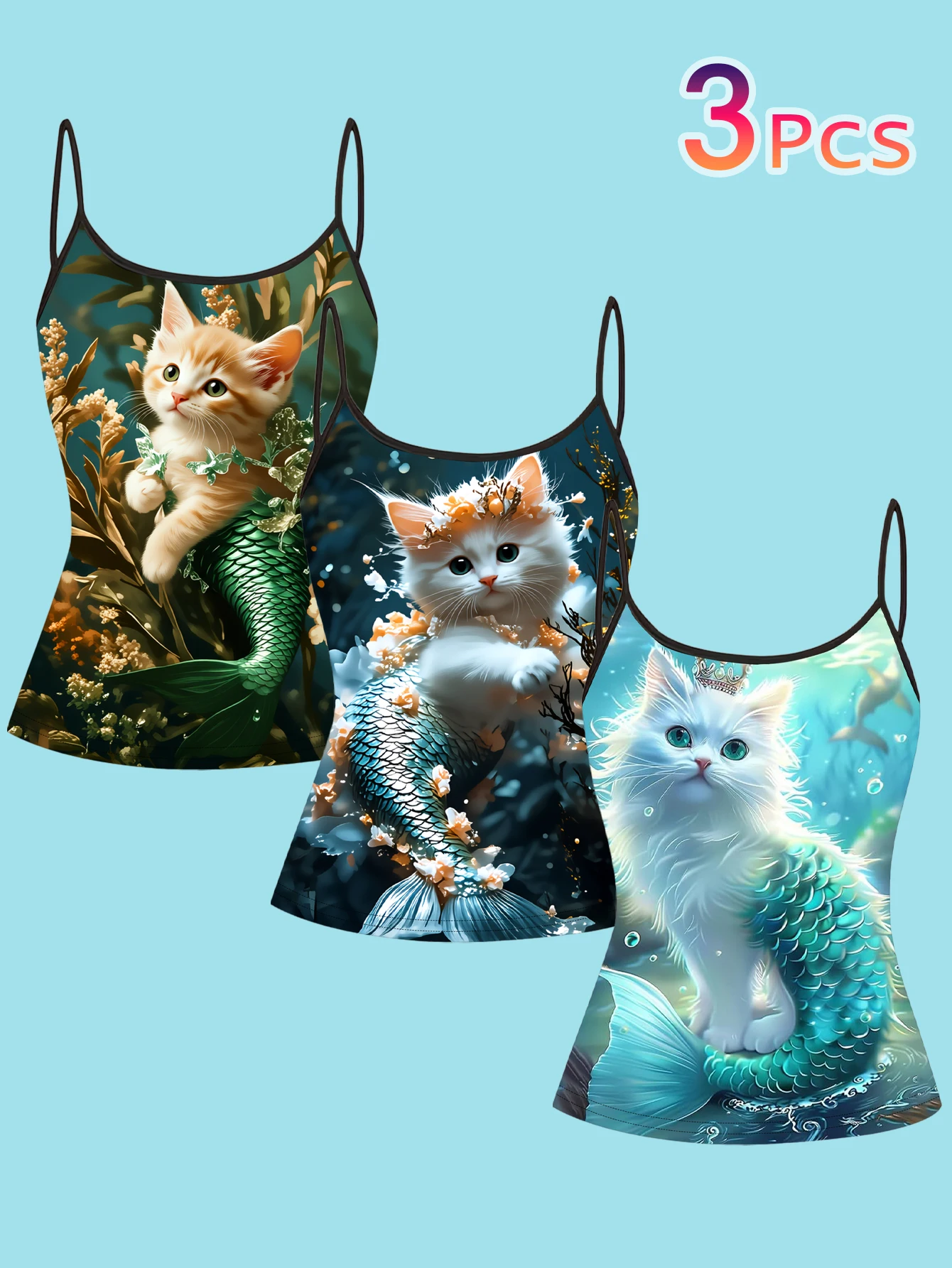 3-Piece Set of Mermaid Cat Print Spaghetti Strap Tank Tops, Dreamy Underwater Style, Cute Slim-Fit Sleeveless Tops, Adorable Girly Style, Suitable for Layering or Wearing Alone