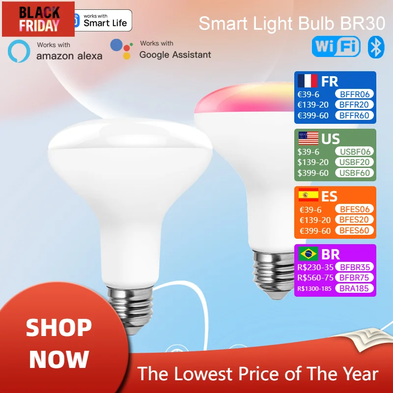 Tuya Wifi Smart Bulb E26 BR30 Lamp RGB Color Changeable Dimmable Light 10W 110V 220V APP Control For Alexa Google Home Decor