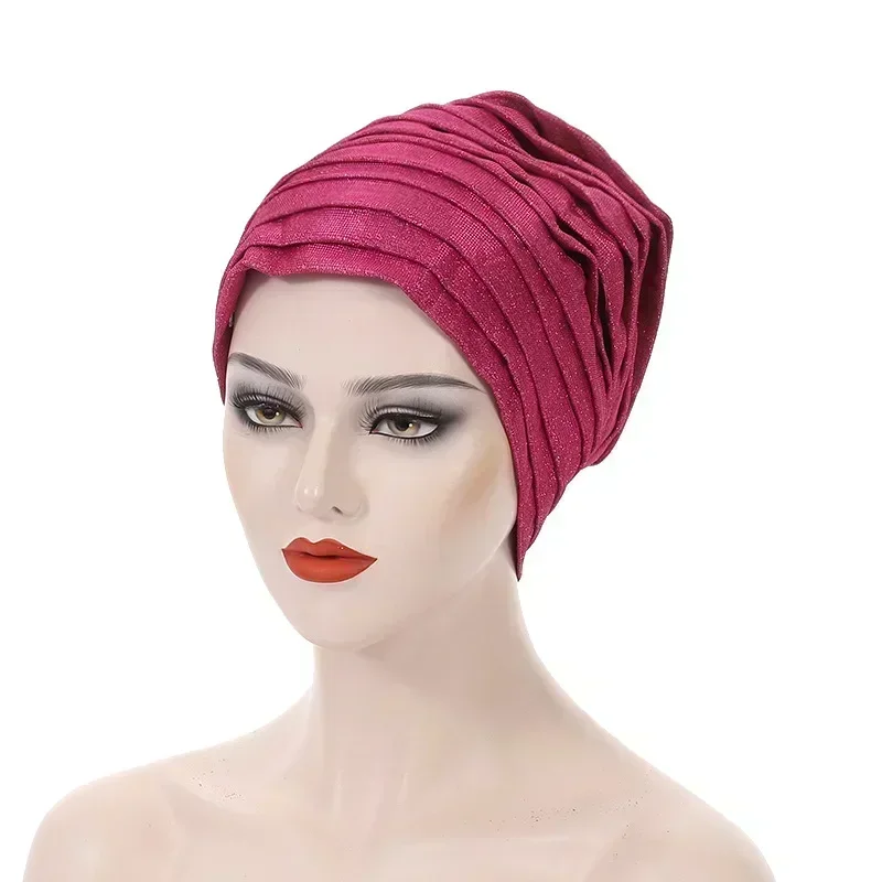 2025 Glitter Full Body Pleated Turban Cap for Auto Geles Women Head Wraps Muslim Hijab Headscarf Hat Turbante African Headpiece