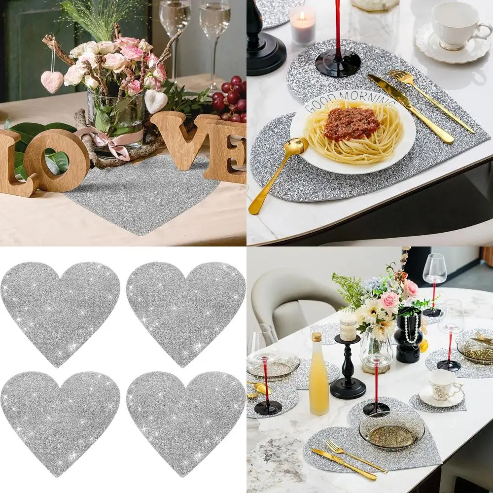 

Set of 4 Silver Glitter Heart Placemats, 15 Table Decoration for Valentine's Day or Birthday Celebrations
