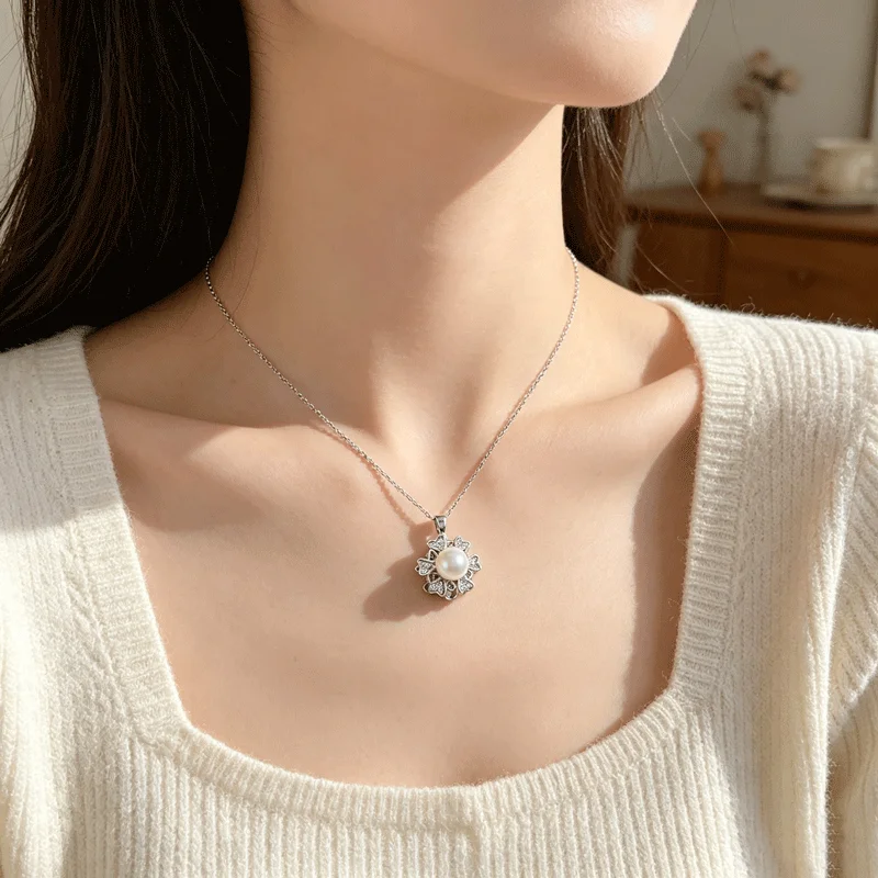 Colar de Pérola Banhado a Prata com Zircônia Transparente, Delicado e Elegante, Corrente de Clavícula para Mulheres, Presente