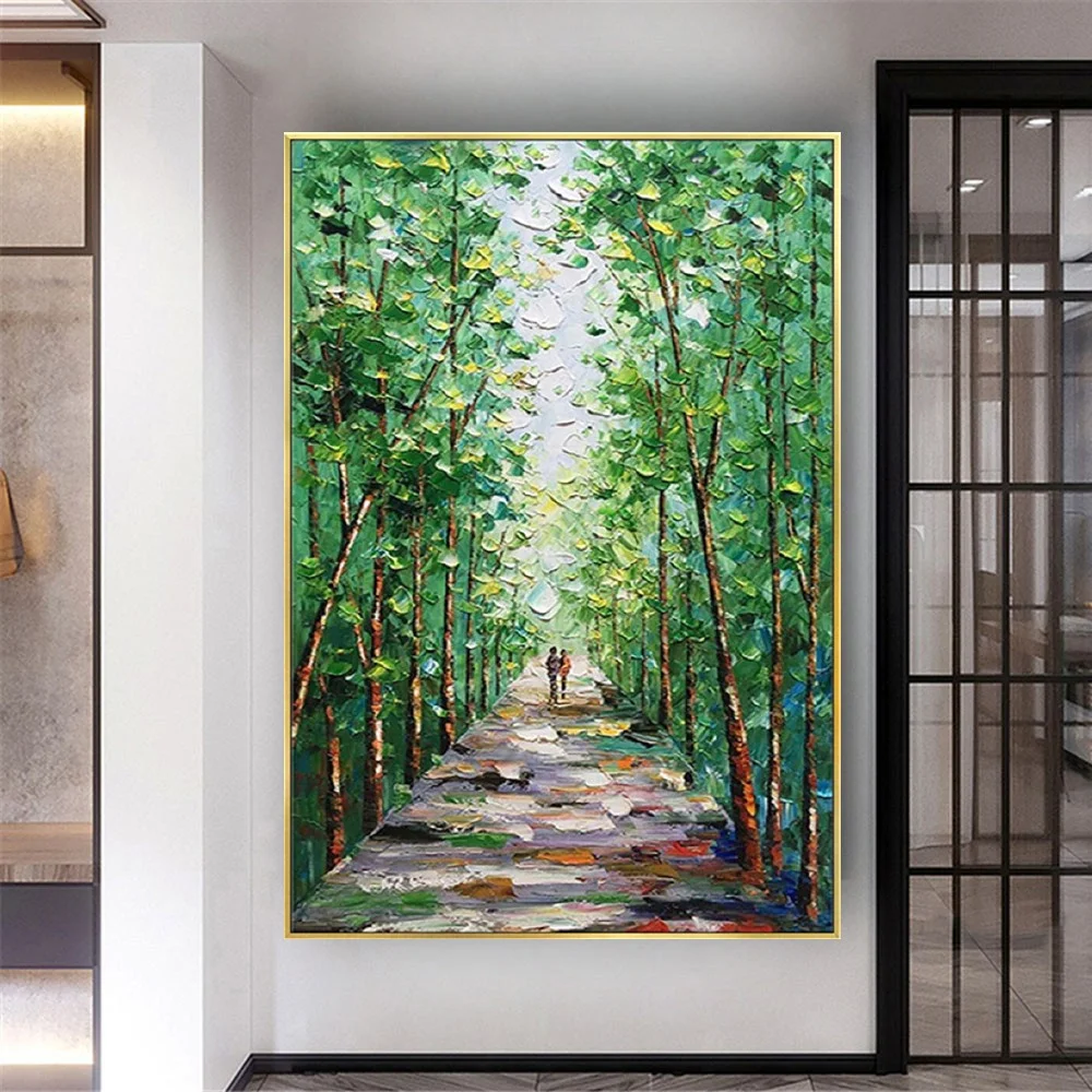 

Palette Knife Forest Wall Art Picture Hand-painted Oil Painting On Canvas Modern Park Path Landscape Poster Decor Living Room