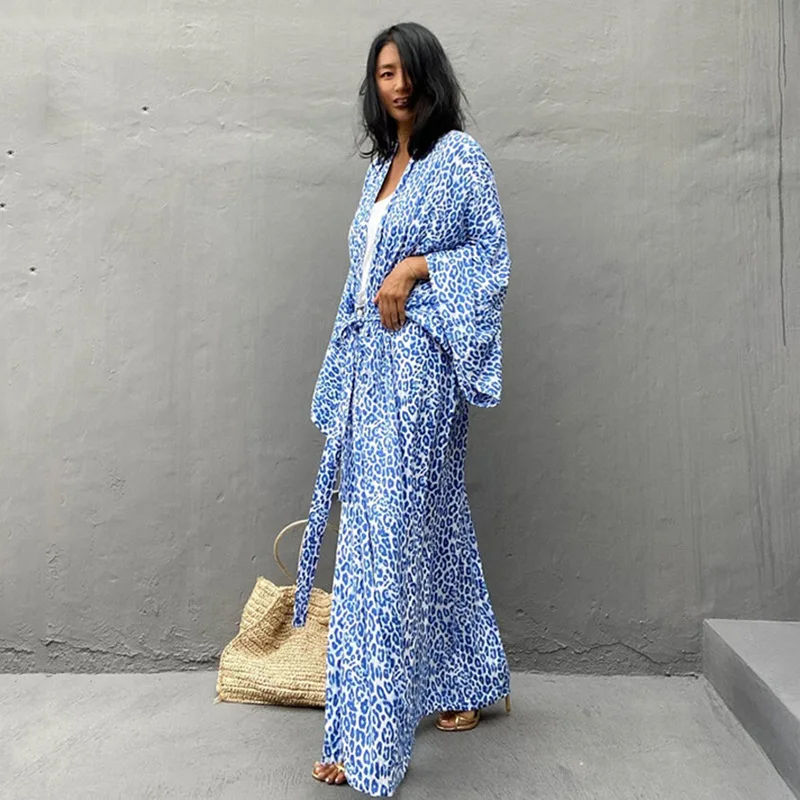 

Long Loose Leopard Print Cardigan Beach Sun Protection Outerwear Bikini Cover up Open Front Sweater High Waist Cotton Blend