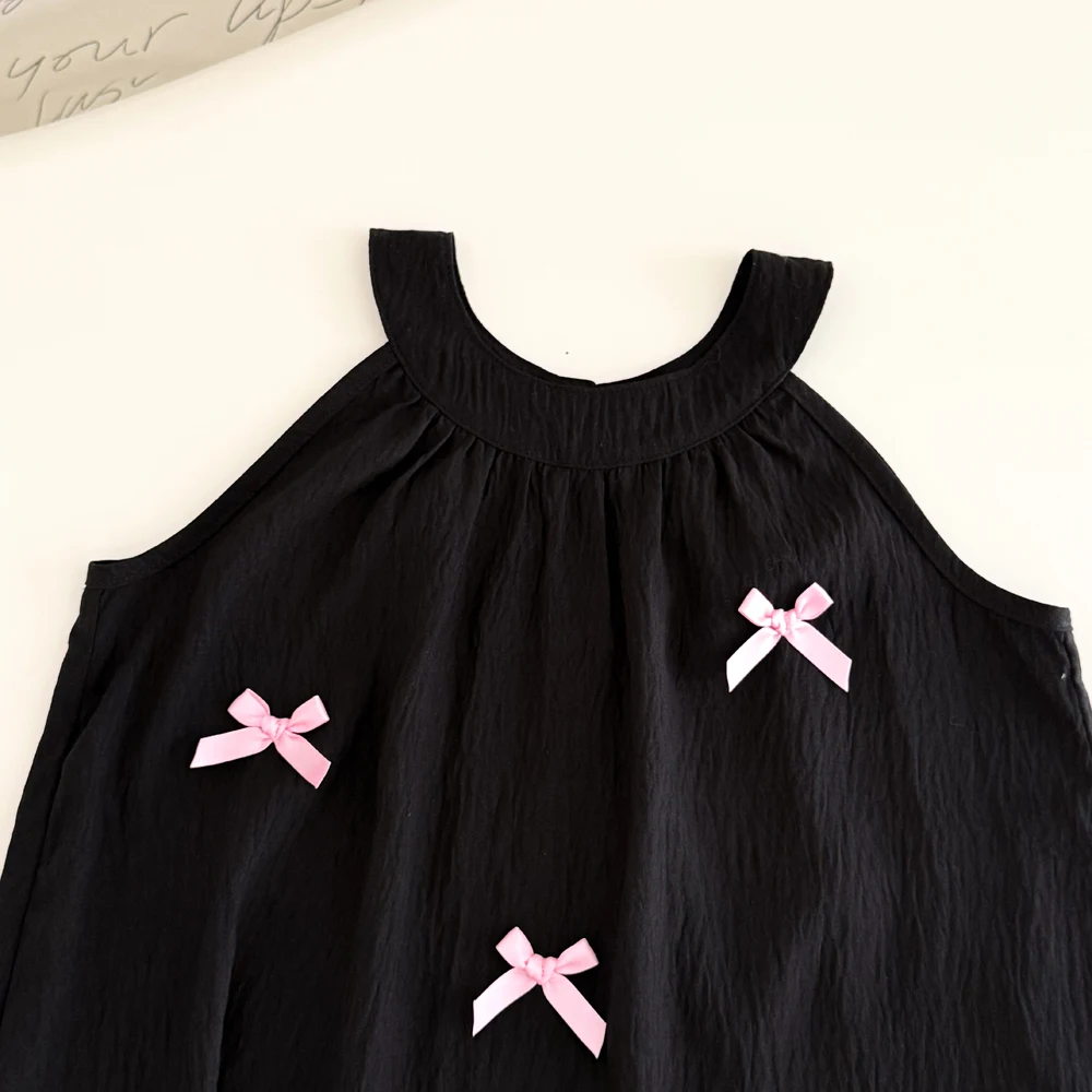สาวฤดูร้อนชุดรอบคอสีชมพูโบว์แขนกุดแฟชั่นชุดเจ้าหญิงสีทึบชุดลําลองสําหรับสาวสําหรับ 3-7Y