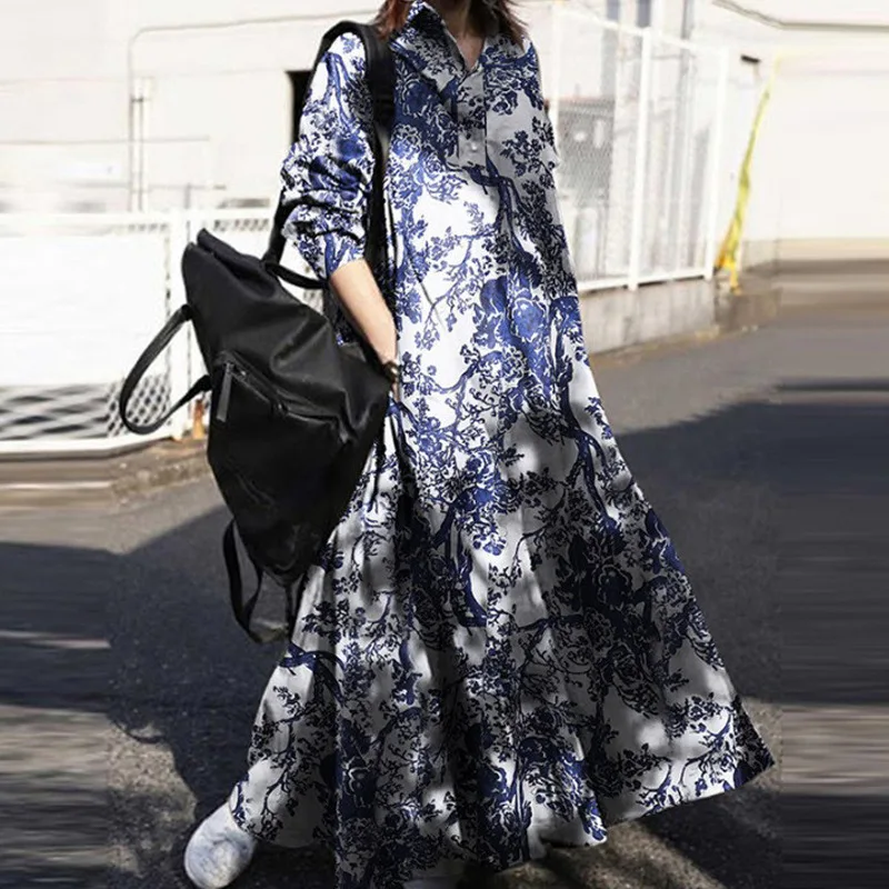 Vestido musulmán de talla grande de algodón y lino estampado de otoño para mujer, falda holgada y de gran tamaño de estilo étnico