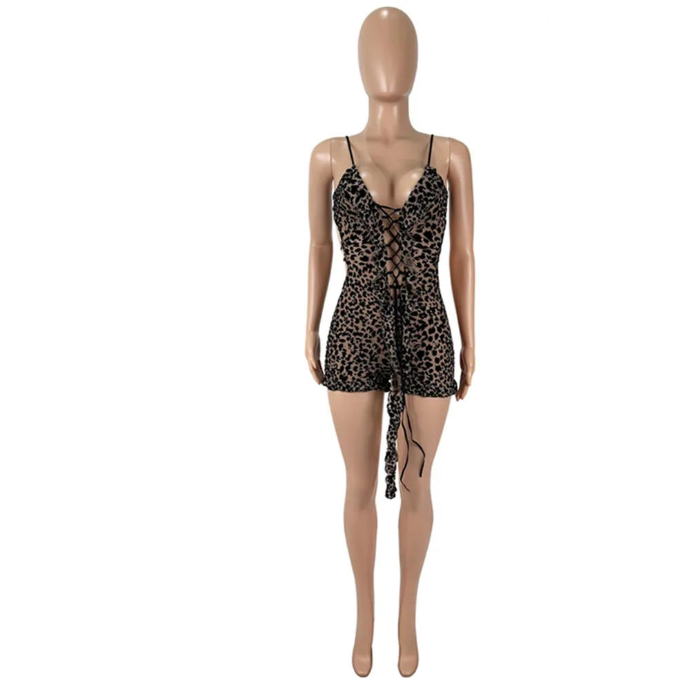 BKLD Women Clothing Sexy Leopard Printed Mesh Hollow Out Lace-Up Sleeveless Open Back Ruffles Patchwork Tight Rompers One Pieces