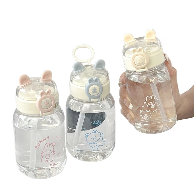 500ml Kawaii Rabbit Butelka na wodę Przenośny uroczy kubek do picia w kształcie ucha ze słomką i pokrywką Letnie naczynia do picia na kemping na świeżym powietrzu