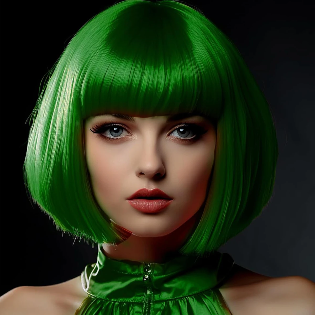 

Синтетический парик-каре длиной 12 дюймов/30 см с короткими прямыми прядями и челкой (зеленый)