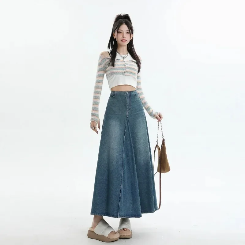 

Spring Autumn Retro Feng Shui Washed Denim Half Body Skirt.New High-waisted A-line Big Swing Patchwork Long Skirt Hem for Women