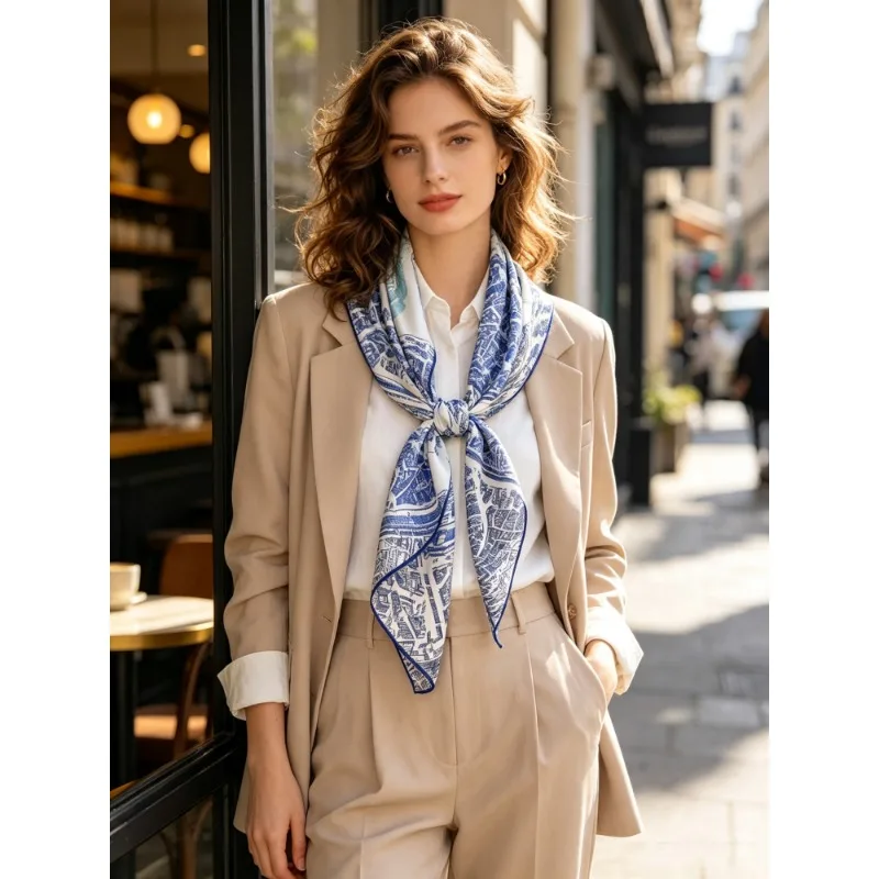 Retro City Map Bandana 100% MULBERRY SILK 65X65cm Cream Shades of Blue Urban Blueprint Neck Hair Wrap Women Holiday Gift view 6
