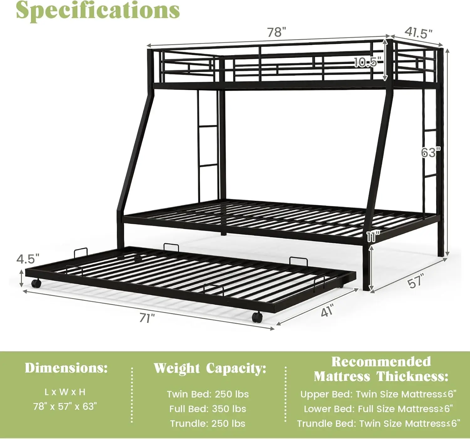 Twin Size Solid Wood Bunk Bed with Detachable Frame, High Safety Rails, and Built-in Ladder