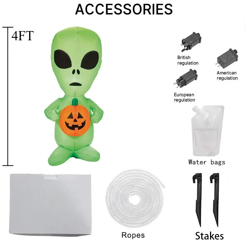 4FT opblaasbaar speelgoed Alien met pompoen Halloween-decoraties LED-verlichte opblaasbare kerstbenodigdheden voor feest binnen buiten