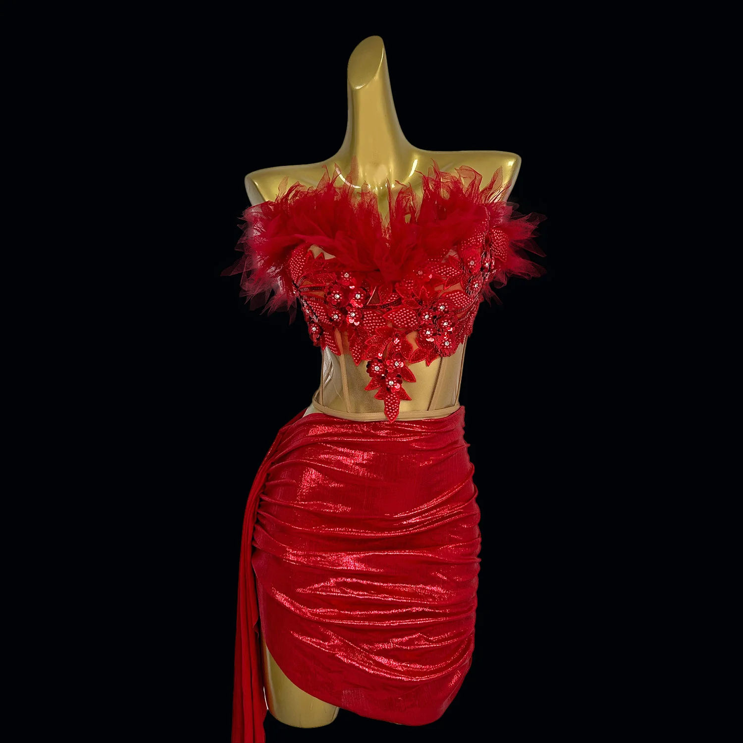 

Sexy Red Women's Hip Hugging Skirt Sequined Feather Tight Corset Irregular Short Skirt Luxurious Birthday Party Dinner Dress