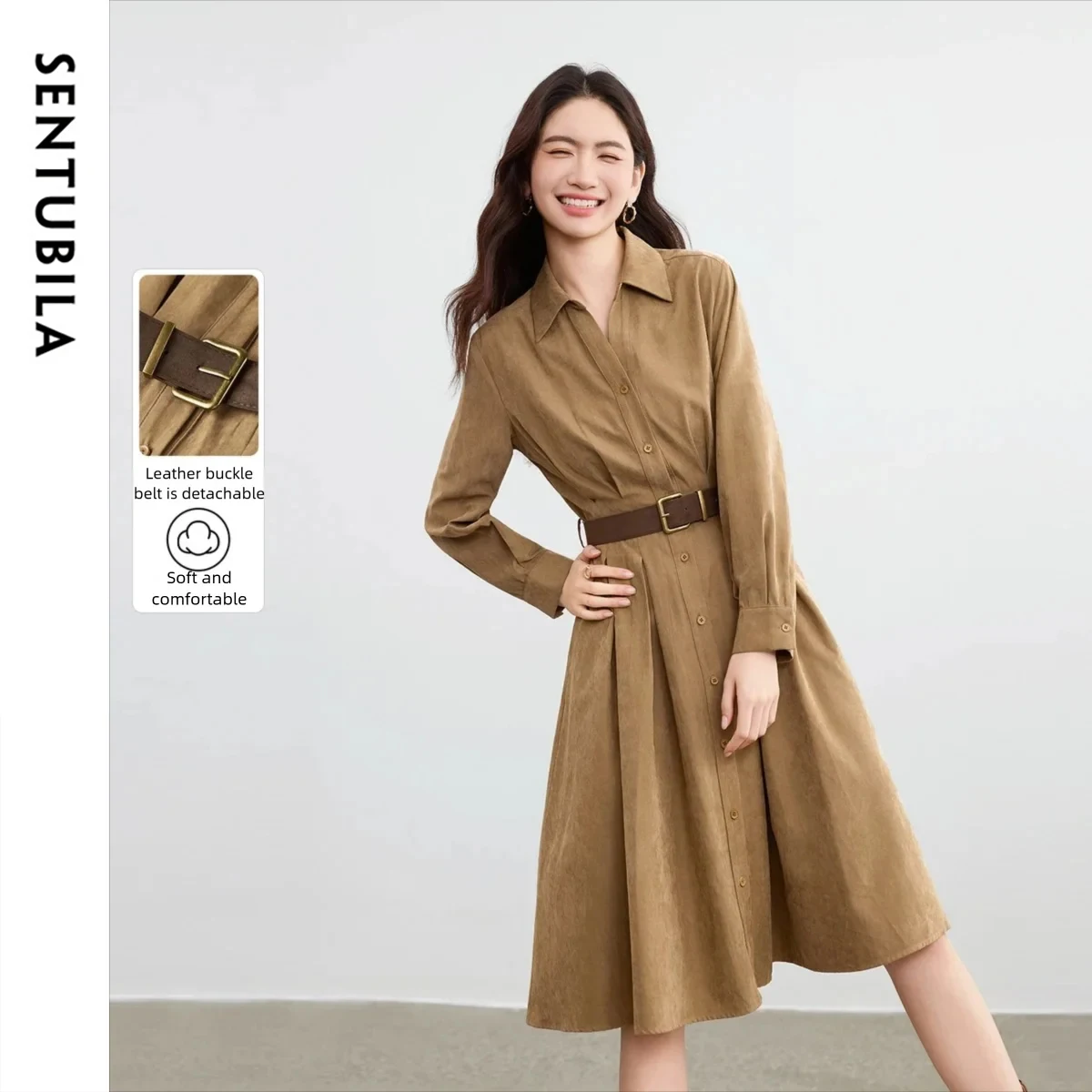 

SENTUBILA Golden Olive Color Long Dresses Woman Autumn Retro Shirt Dress Contrast Color Belt Elegant Women's Clothing W53LA3081