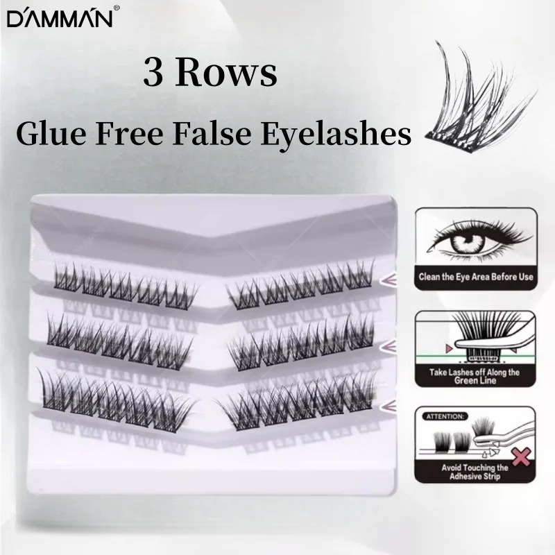 DAMMAN DIY Glue Free False Eyelashes 3 Rows Individual Lash Clusters Mink Segmented Self Adhesive Lashes No Glue Need Reusable