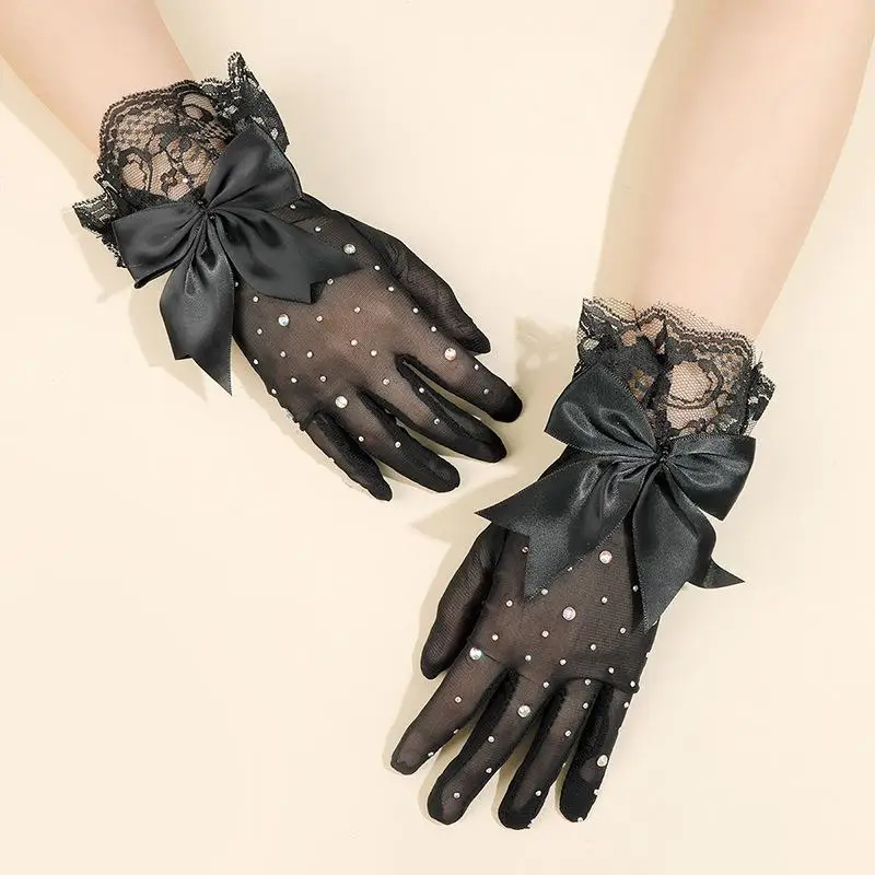 Fashion Women Bow Lace Gloves Sunscreen Driving Gloves Bowknot Wedding Gloves Black Lace Full Finger Mittens Party Accessories