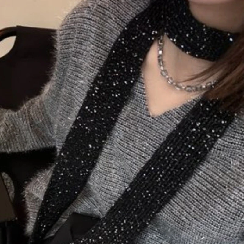 Image of Beliebter langer Schal mit Pailletten, weiblicher dünner Schal, gestrickter Schal, Harajuku-Krawatte
