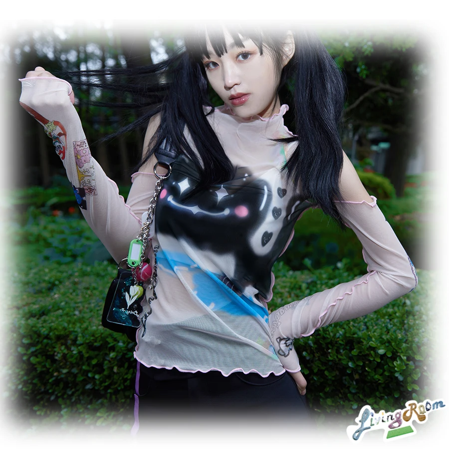 Karrram Fairycore Y2k Mesh Tops Harajuku Aesthetics Graphic T Shirts E-girl Kawaii Cute Tshirt Slim See Through Streetwear 00s