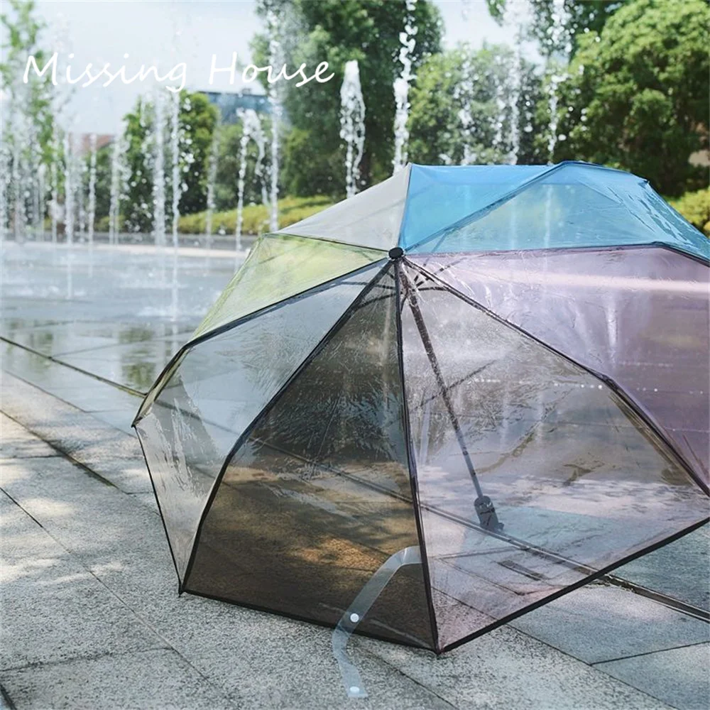 Rainbow Transparent Umbrella Fully Automatic Korean Student Folding Long Handle Umbrella Male Female Triple Fold Thickened Rain