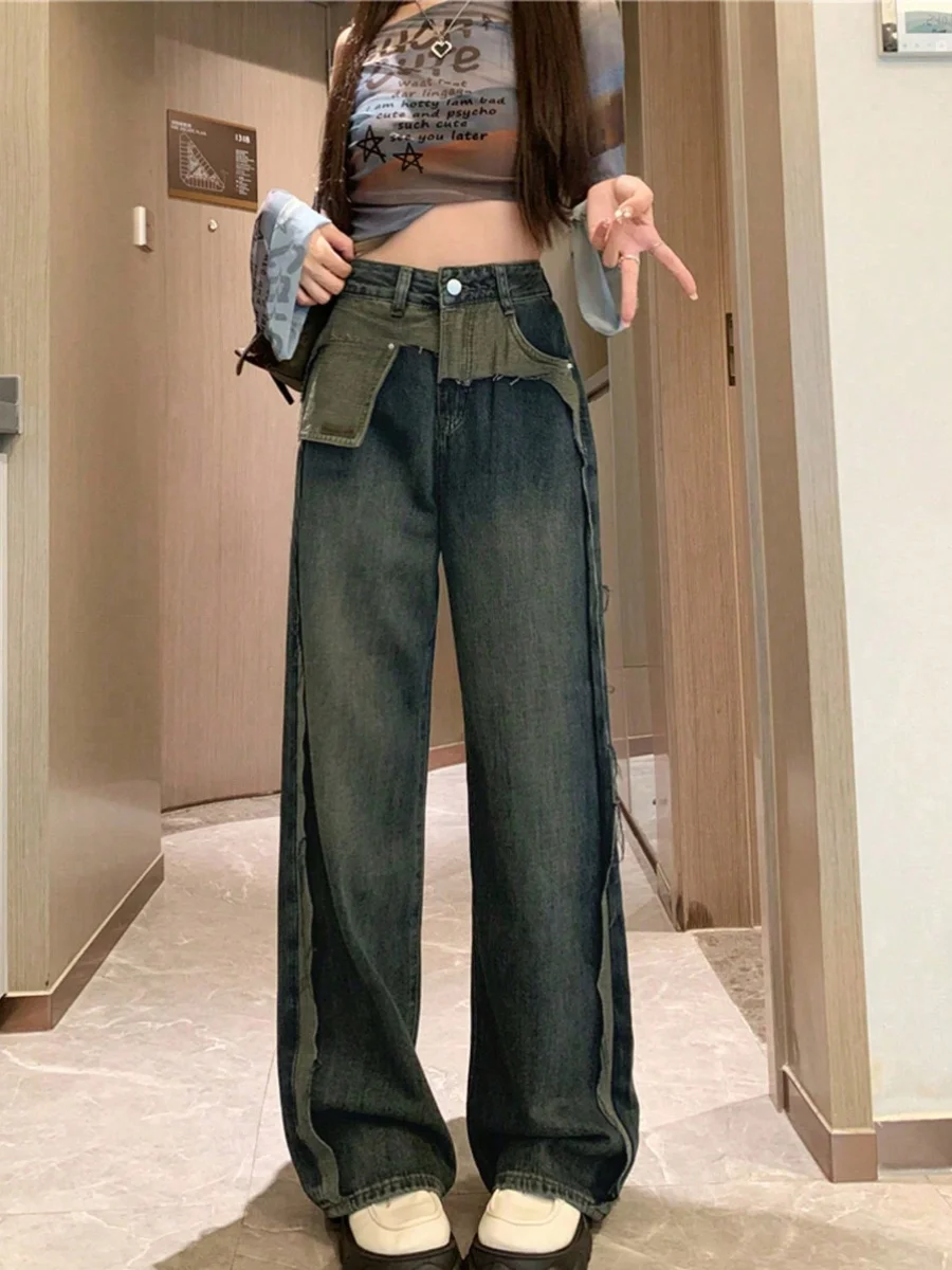 

Retro High Waist Wide Leg Pants Loose Fit Blue Jeans Women's Summer Fashion Chic American Style Floor Length Trousers