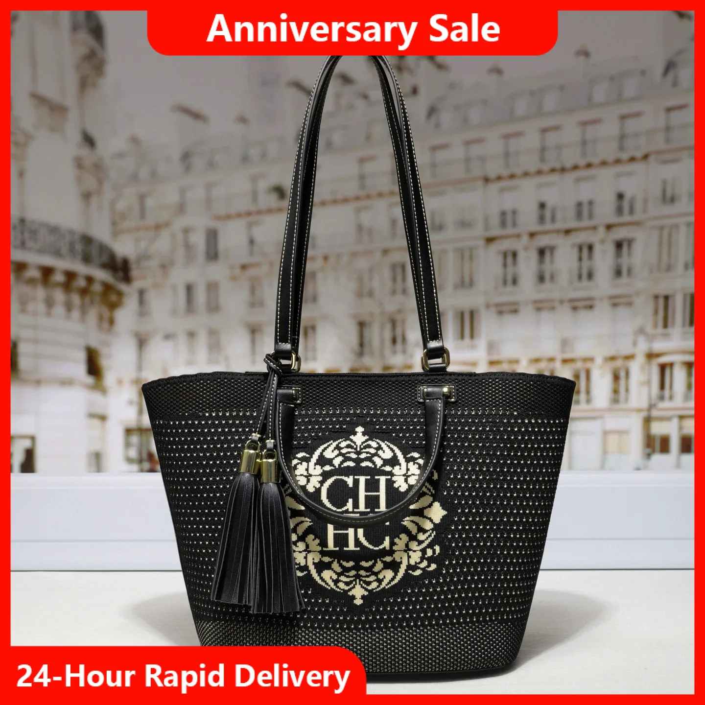 

CH Brand Woven Texture Tote Bag with Vintage Tassel Decorations Large Capacity Casual Holiday Shoulder Bag