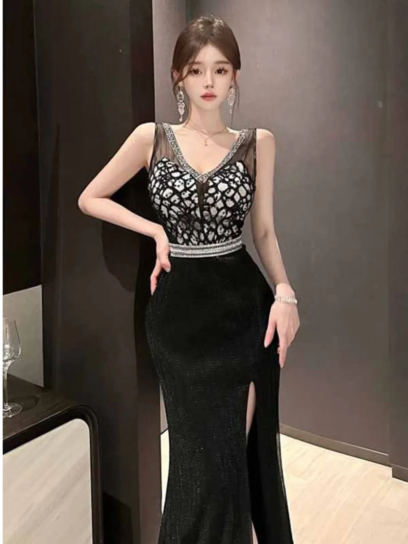 2024 Sommer Französisch Stil Spitze Patchwork schiere Schlitz High-End-V-Ausschnitt Schlinge Kleid Frauen Cinch ing Taille schlanke lange Kleid lvut