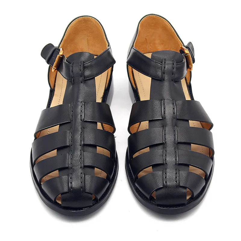 

Roman Shoes Handmade Tie Line Retro Cowhide Bag Heeled Pure Black Street Leather Sandals