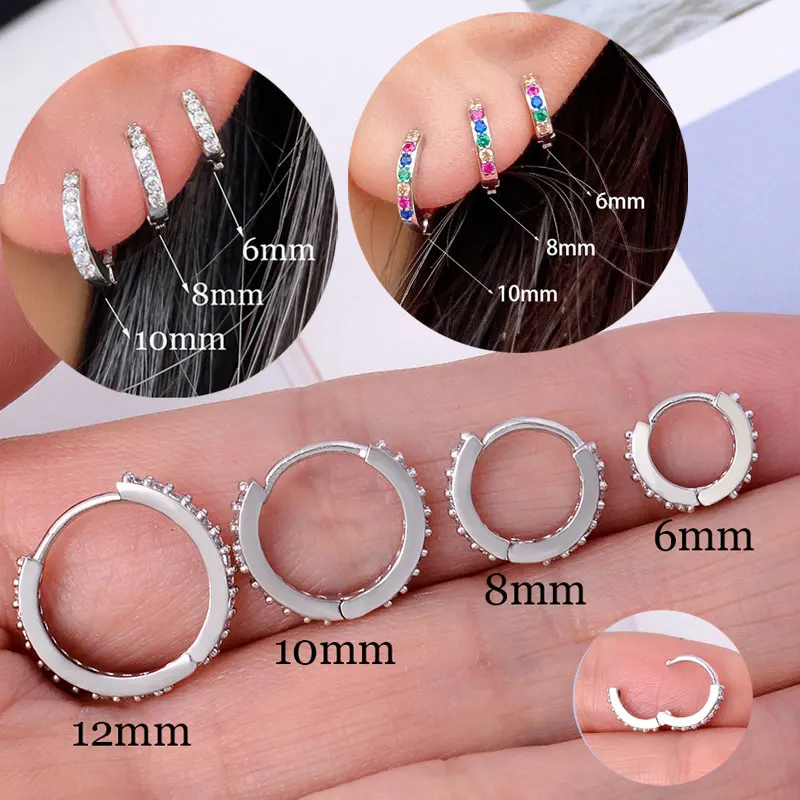 Silver Color Charm Small Huggie Hoops Earrings for Women Cartilage Dainty Rainbow Cubic Zirconia Ear Rings Fashion Party Jewelry