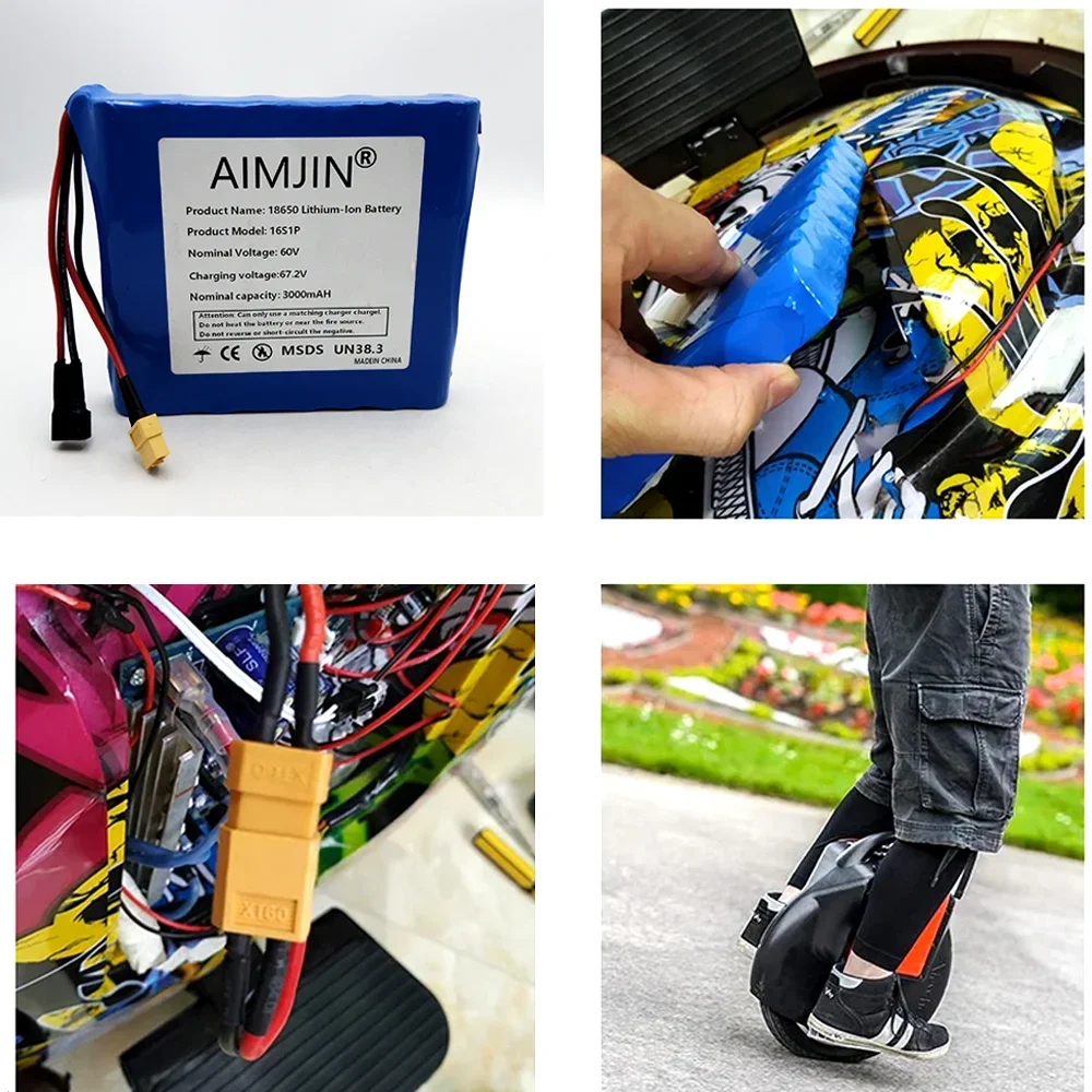 18650 16S1P 60V 3000mAh bateria de lítio com BMS para scooter de autoequilíbrio monociclo elétrico 3.0Ah bateria recarregável