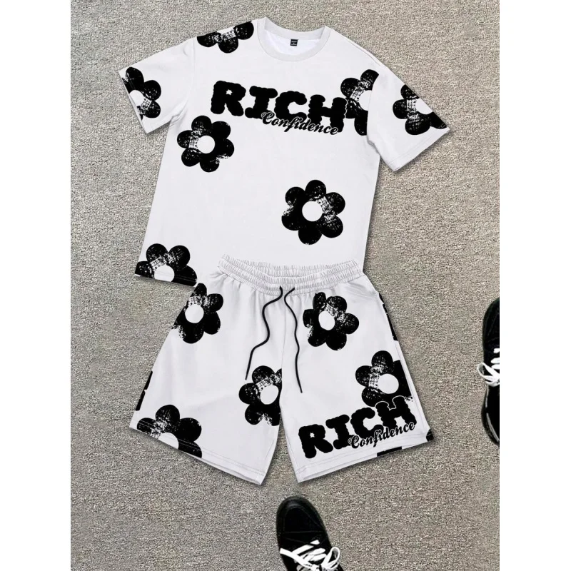 

Men's Letter & Floral Print Round Neck Short Sleeve Casual T-Shirt And Drawstring Waist Shorts Suit