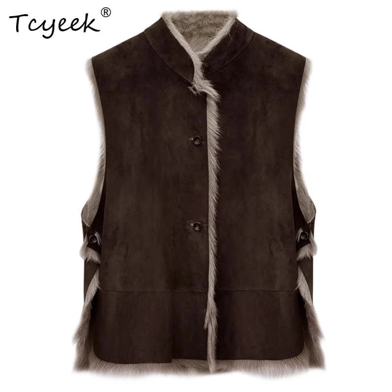 Tcyeek الصوف الحقيقي الخريف الشتاء الراقية العصرية الجديدة النمط الصيني الوقوف طوق أكمام قصيرة المرأة معطف فرو الضأن