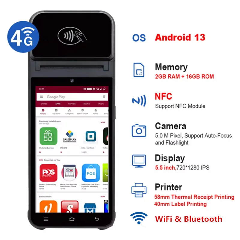 

4G PDA POS Android 13 Intelligent Payment Terminal 5.5-inch Touch Screen Mobile Cash Register With 58mm Thermal Receipt Printer