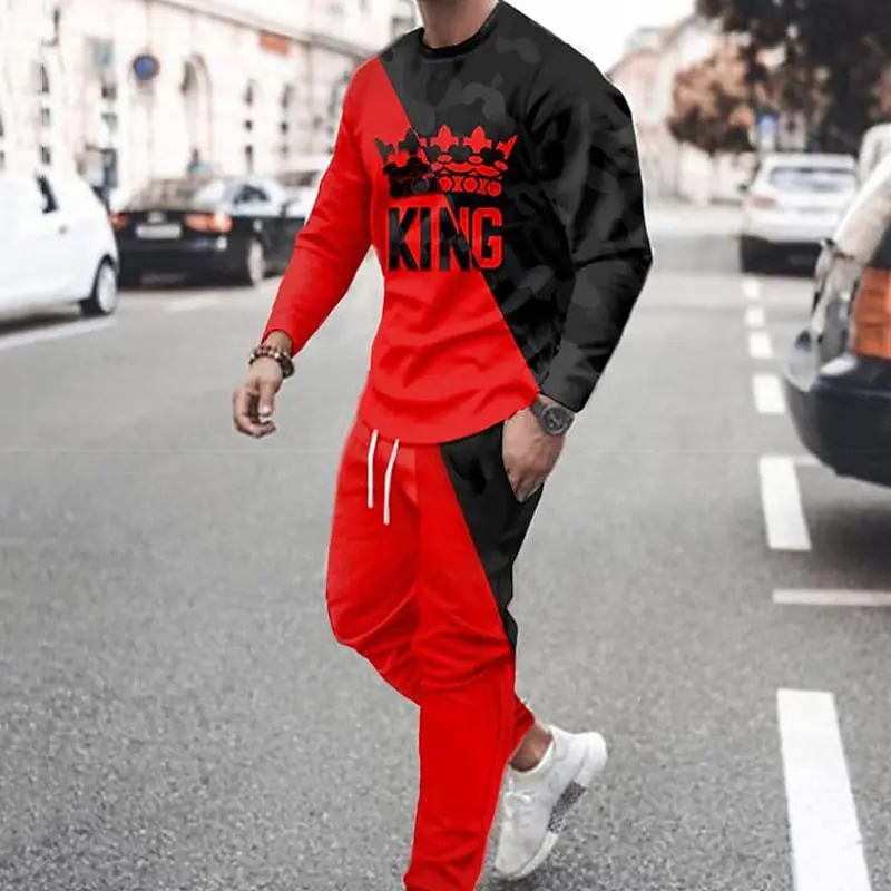 Men's Splicing T-shirt 2-Piece 3D Print Long Sleeve T shirt Pants Set Casual Sports Outdoor Streetwear Y2k Men's Clothing Outfit