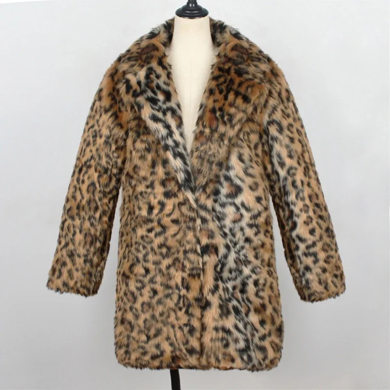 Mid Long Leopard Faux Fur Coat Women Winter 2024 Fluffy Jacket Belt Warm Plush Fur Coat Blazer Collar Furry Overcoat Streetwear