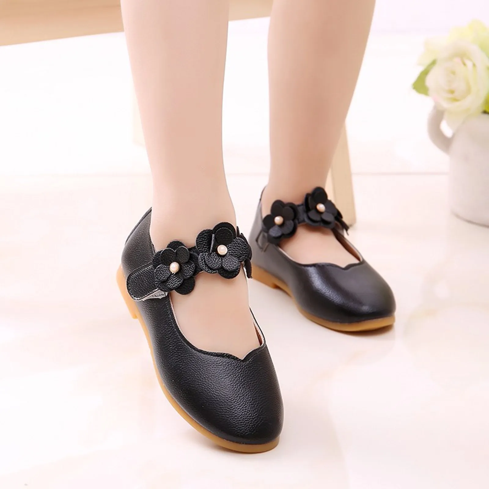 Children Kid Baby Girls Solid Flower Student Single Soft Dance Princess Shoes Princess Kids Leather Shoes For Girls Shoes Butter