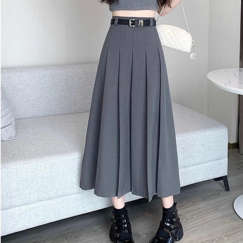 2024 Summer New Grey High Waist A-Line Pleated Half Skirt for Women Summer Slim Fit Mid-length Skirt Suitable for Short Women