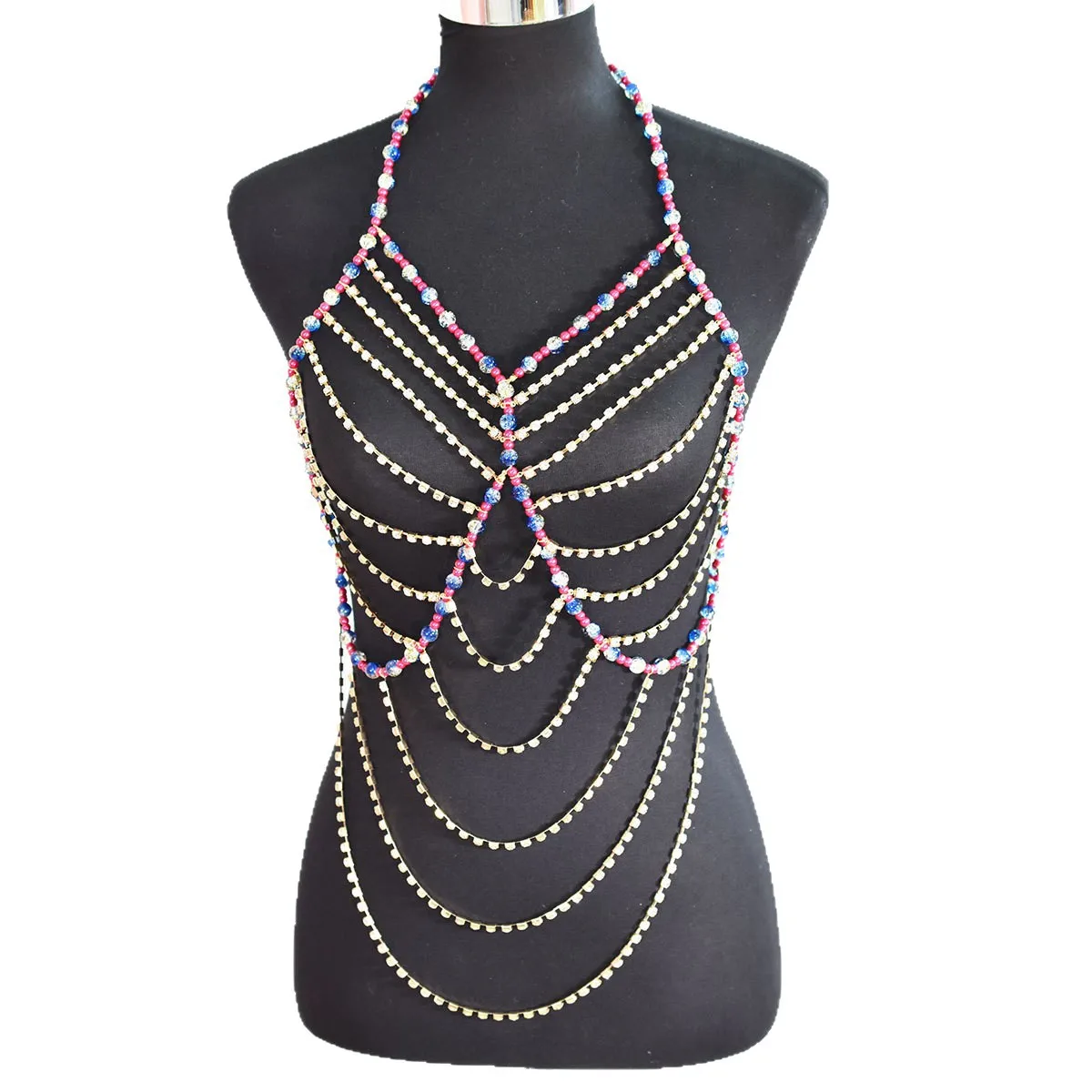 

Bling Rhinesrtone Цепочка для бюстгальтера Разноцветные очки Бисероплетение Холтер Жилет Топы Ювелирные изделия для женщин Сексуальная летняя пляжная вечеринка Цепочка для тела