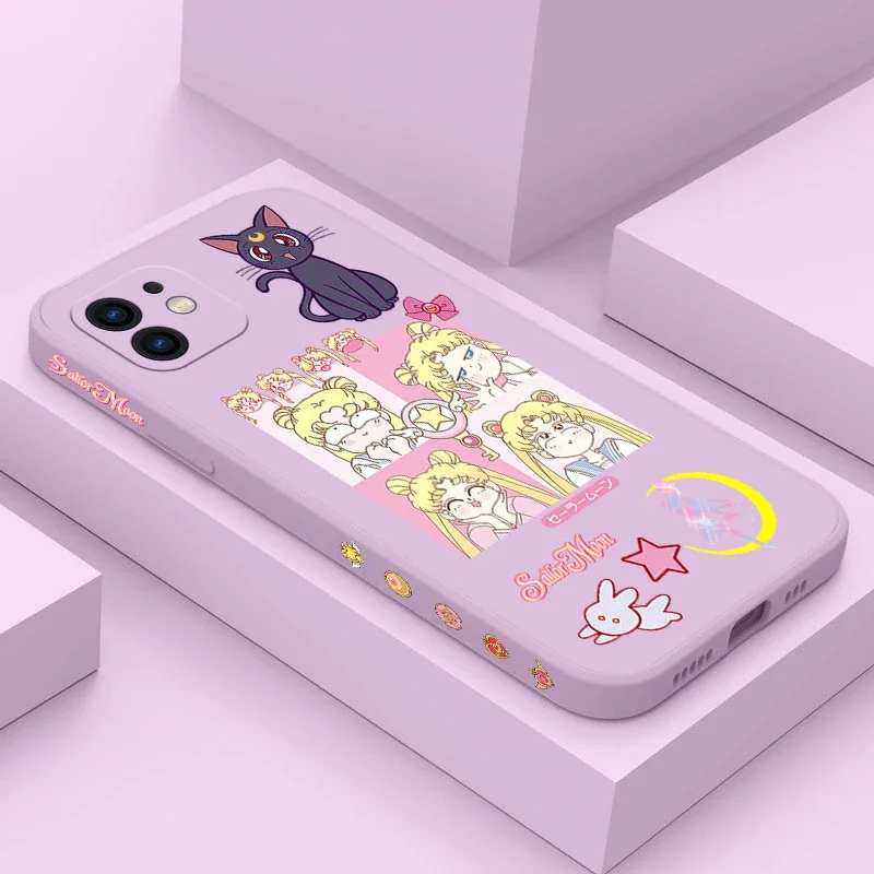 Cute cat Luna Phone Case For iPhone 15 14 13 12 11 Pro Max Mini X XR XS MAX SE 2020 8 7 Plus Liquid  Sailors Moons Cover