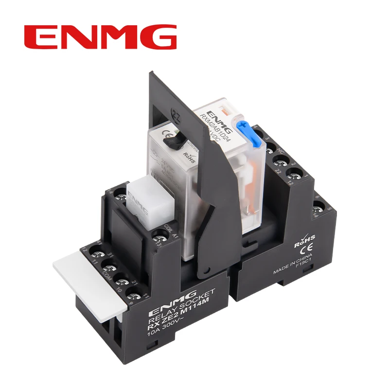 ENMG RXM2AB Small Middle Electromagnetic Relay 8 Leg 14 Leg 24VDC Two Open Two Close 220VAC AC/DC With Light With Base Visible.